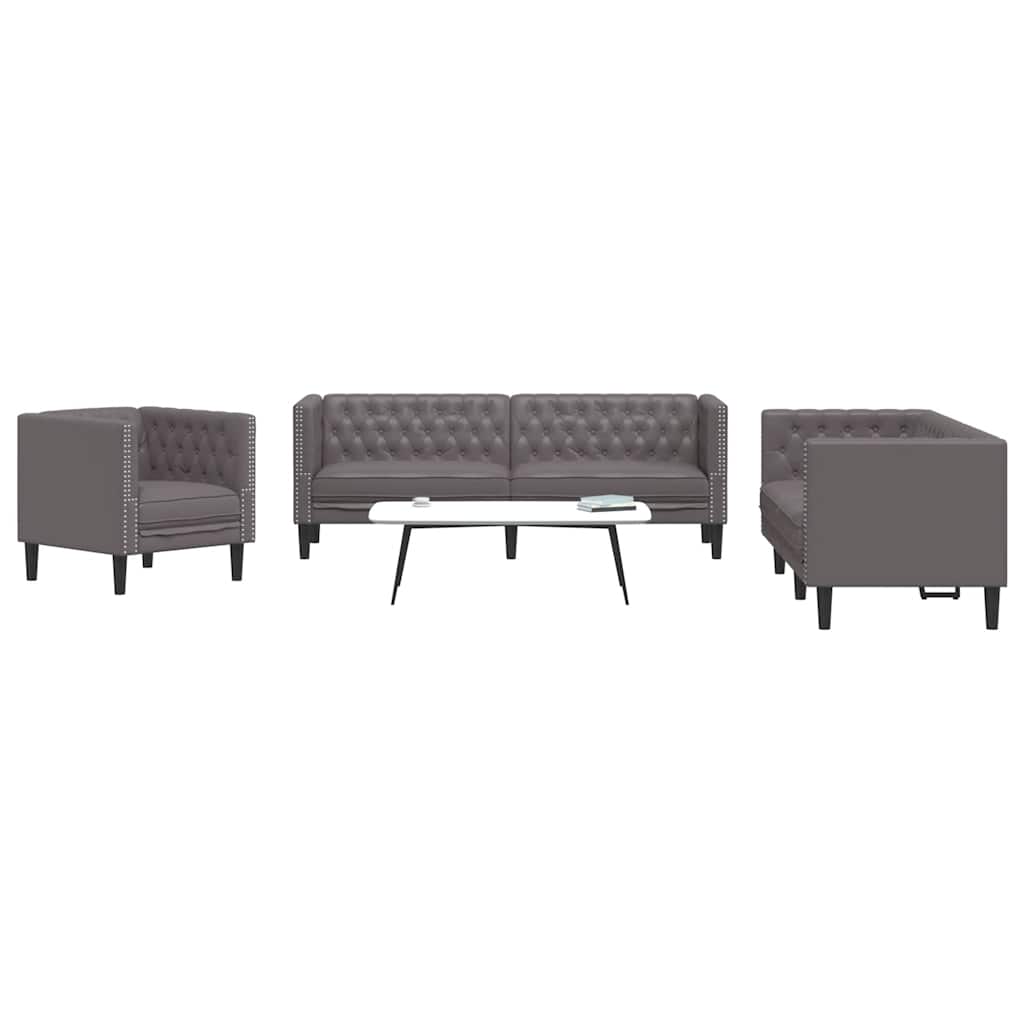 Σετ Καναπέδων Chesterfield 3 Τεμαχίων από Γκρι Συνθετικό Δέρμα - Pakobazaar