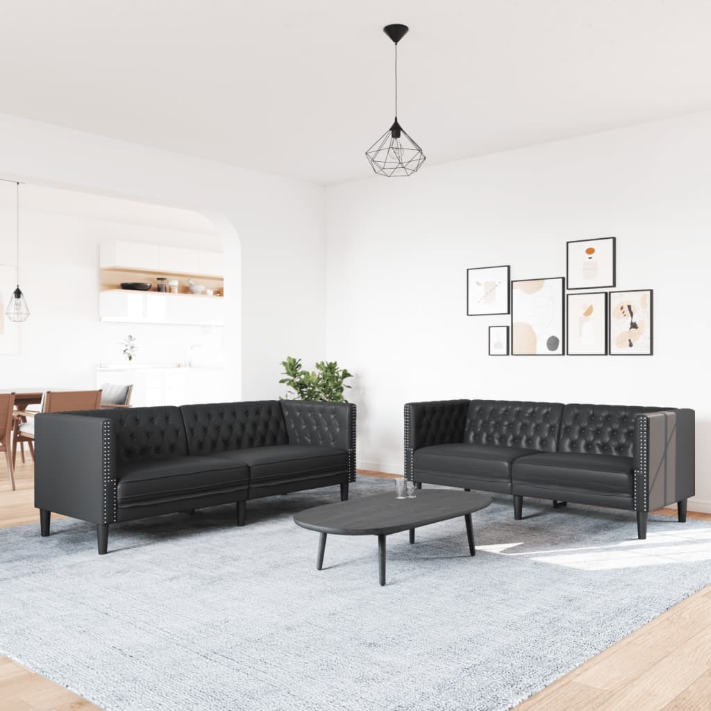 Σετ Καναπέδων Chesterfield 2 Τεμαχίων από Μαύρο Συνθετικό Δέρμα - Pakobazaar