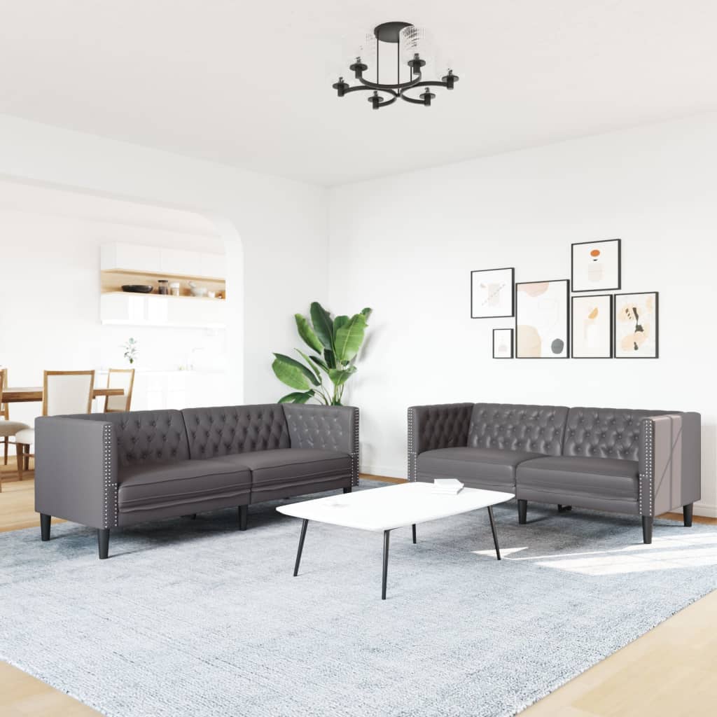 Σετ Καναπέδων Chesterfield 2 Τεμαχίων από Γκρι Συνθετικό Δέρμα - Pakobazaar