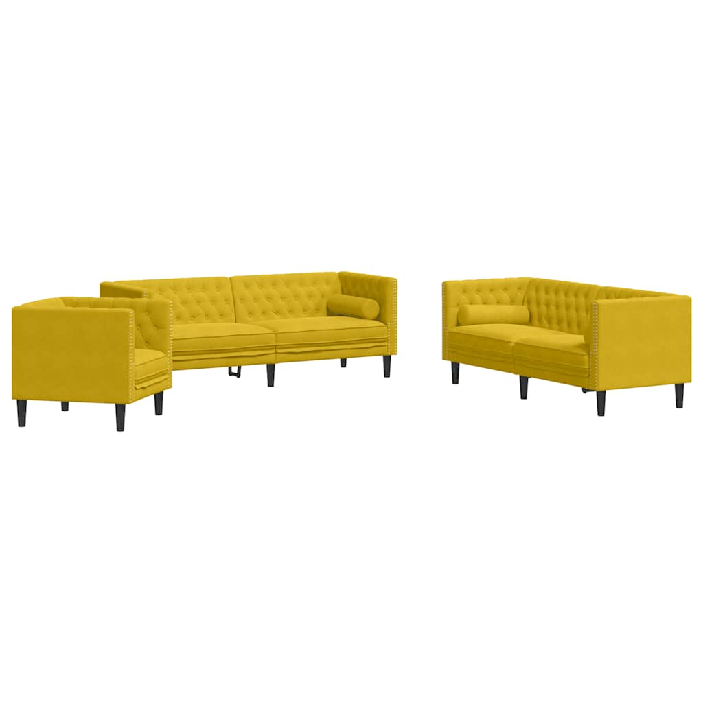 Σετ Καναπέδων Chesterfield 3 Τεμαχίων με Στηρίγματα Κίτρινο Βελούδο - Pakobazaar