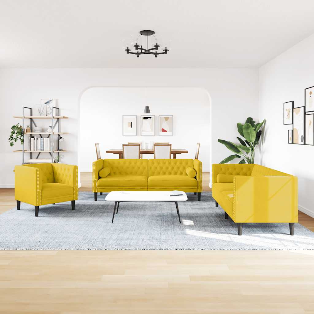 Σετ Καναπέδων Chesterfield 3 Τεμαχίων με Στηρίγματα Κίτρινο Βελούδο - Pakobazaar