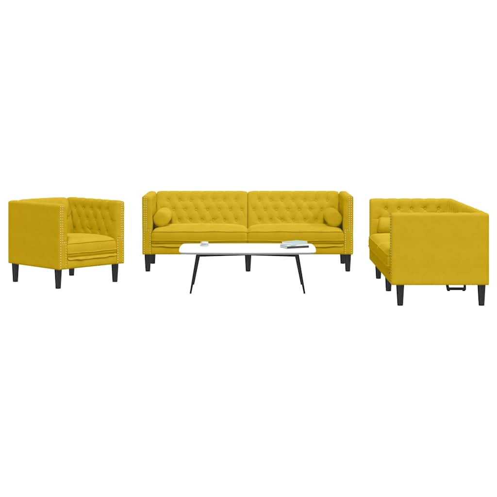 Σετ Καναπέδων Chesterfield 3 Τεμαχίων με Στηρίγματα Κίτρινο Βελούδο - Pakobazaar