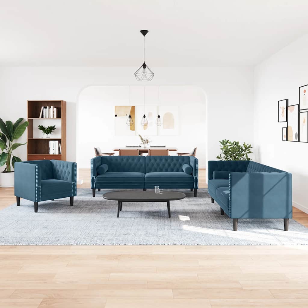 Σετ Καναπέδων Chesterfield 3 Τεμαχίων με Στηρίγματα από Μπλε Βελούδο - Pakobazaar
