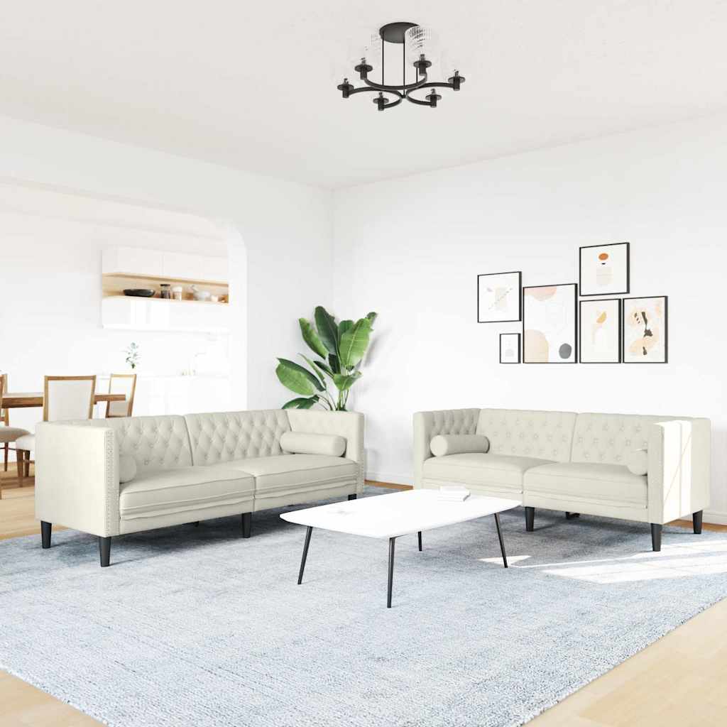 Σετ Καναπέδων Chesterfield 2 Τεμαχίων με Βάσεις, Κρεμ Βελούδινο - Pakobazaar