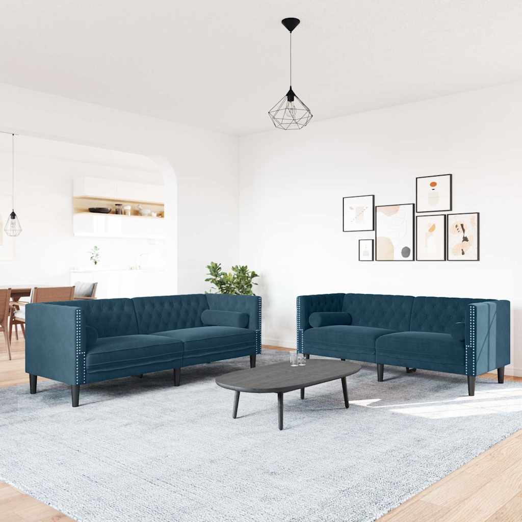 Σετ Καναπέδων Chesterfield 2 Τεμαχίων με Στηρίγματα Μπλε Βελούδο - Pakobazaar