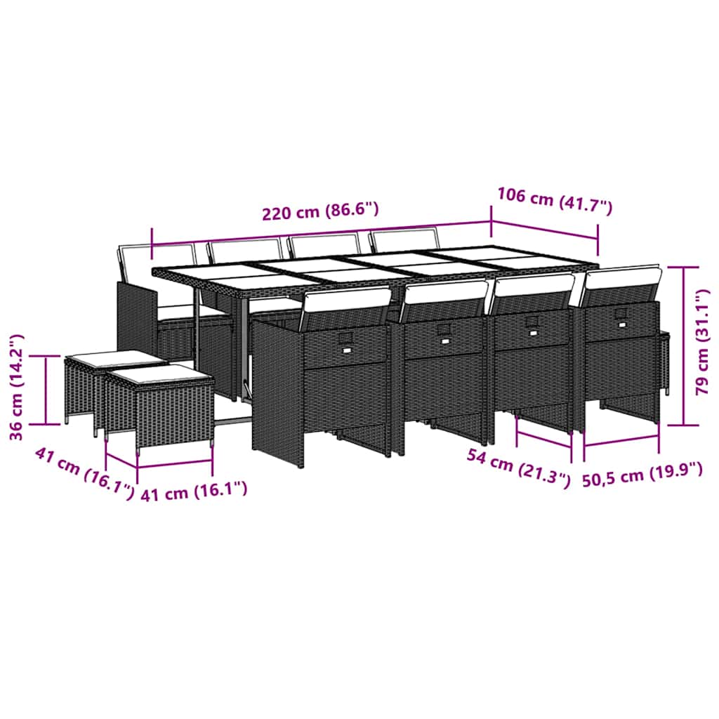 Σετ Τραπεζαρίας Κήπου 13τεμ. Μαύρο από Συνθ. Ρατάν με Μαξιλάρια - Pakobazaar