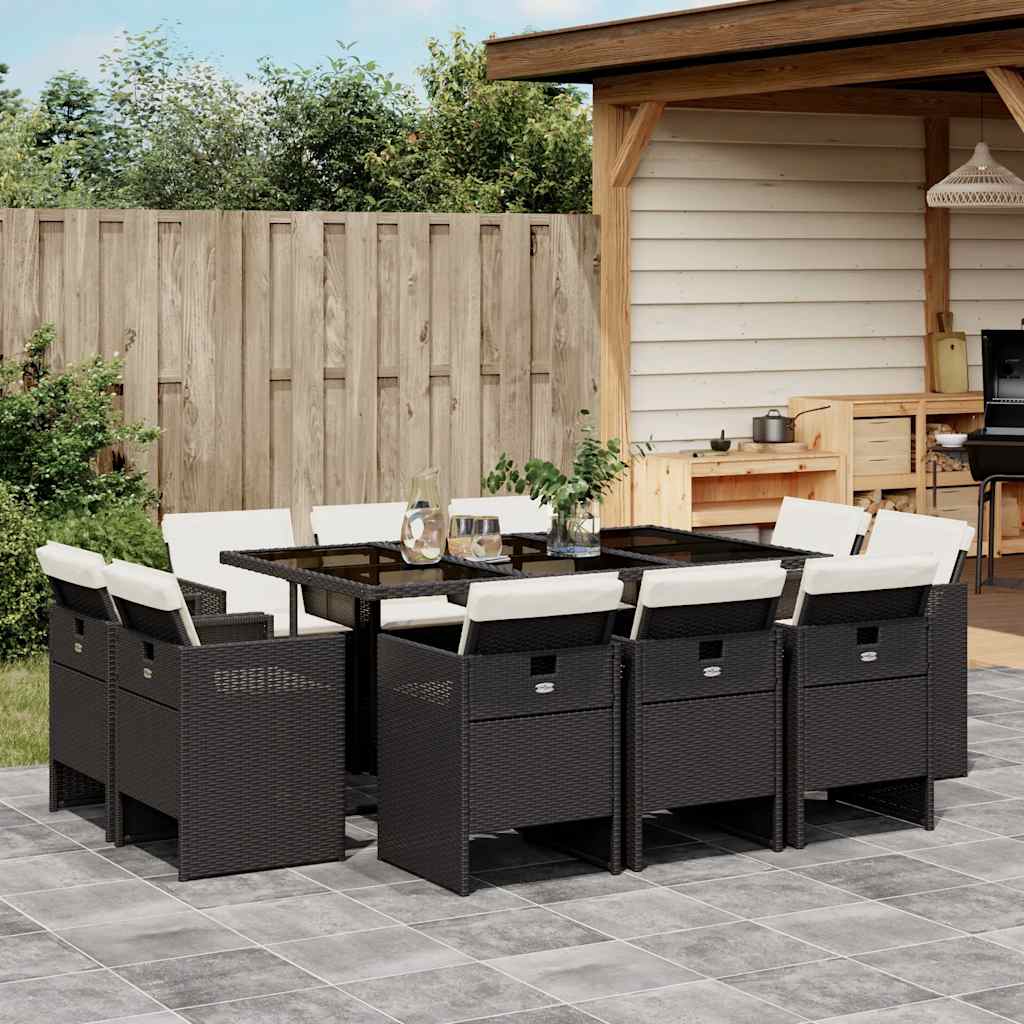 Σετ Τραπεζαρίας Κήπου 11 τεμ Μαύρο από Συνθ. Ρατάν με Μαξιλάρια