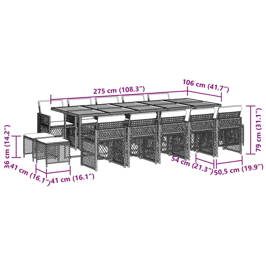 Σετ Τραπεζαρίας Κήπου 15 τεμ. Γκρι Συνθετικό Ρατάν με Μαξιλάρια
