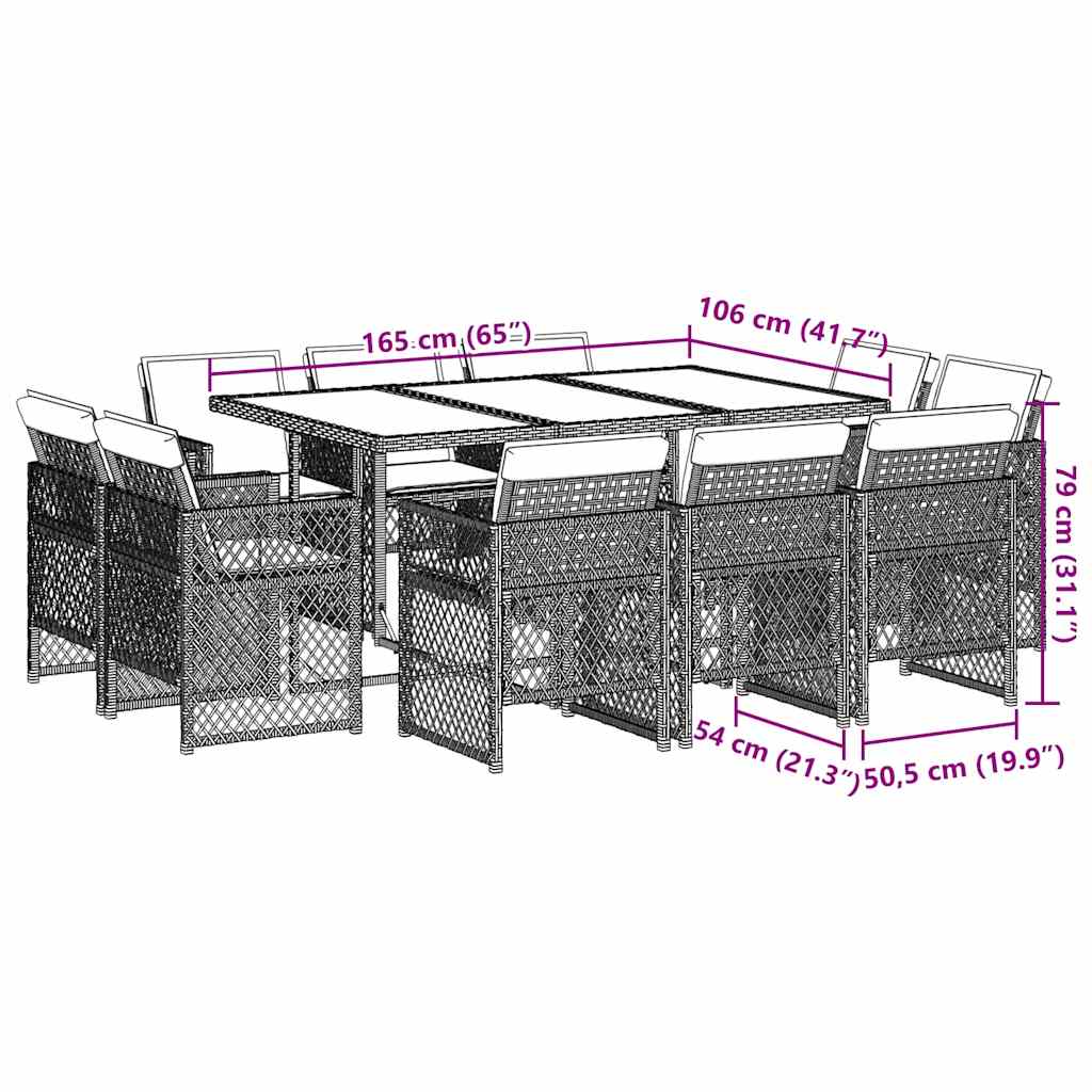 Σετ Τραπεζαρίας Κήπου 11 τεμ Μαύρο από Συνθ. Ρατάν με Μαξιλάρια