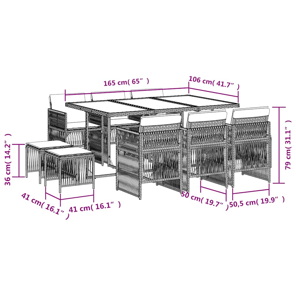 Σετ Τραπεζαρίας Κήπου 11 τεμ Μαύρο από Συνθ. Ρατάν με Μαξιλάρια
