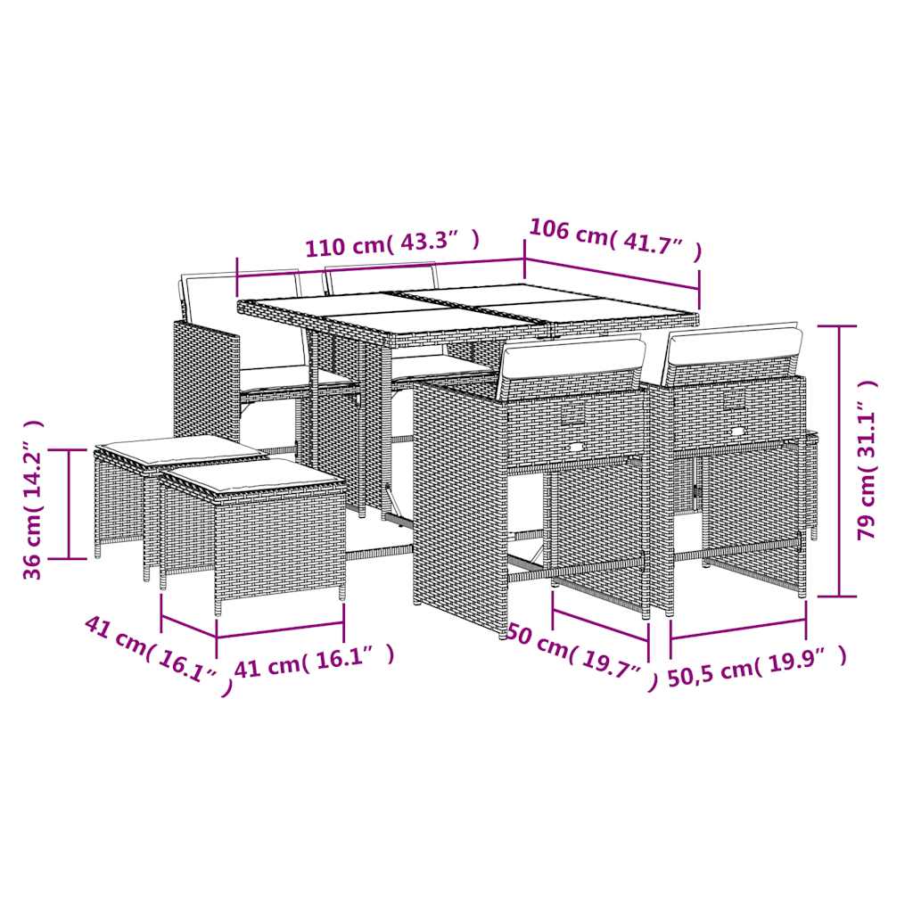 Σετ Τραπεζαρίας Κήπου 9τεμ. Μικτό Μπεζ Συνθ. Ρατάν με Μαξιλάρια