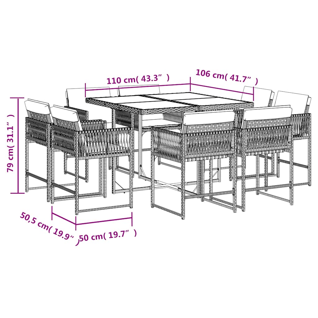 Σετ Τραπεζαρίας Κήπου 9 τεμ. Καφέ Συνθετικό Ρατάν με Μαξιλάρια