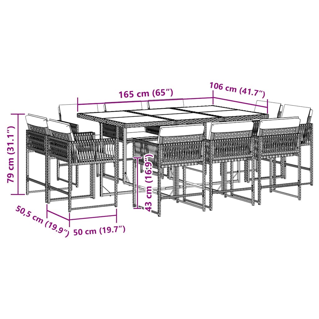 Σετ Τραπεζαρίας Κήπου 11 τεμ Μαύρο από Συνθ. Ρατάν με Μαξιλάρια