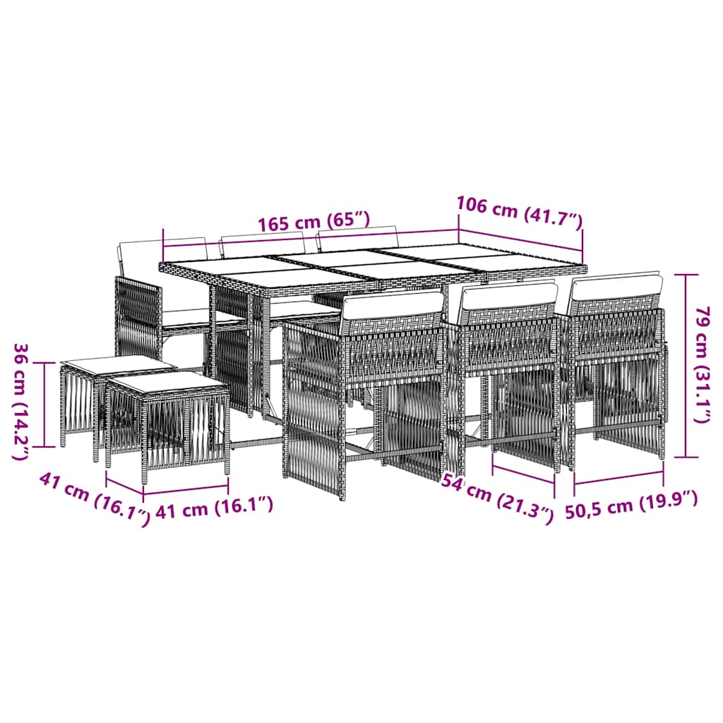 Σετ Τραπεζαρίας Κήπου 11 τεμ Μαύρο από Συνθ. Ρατάν με Μαξιλάρια