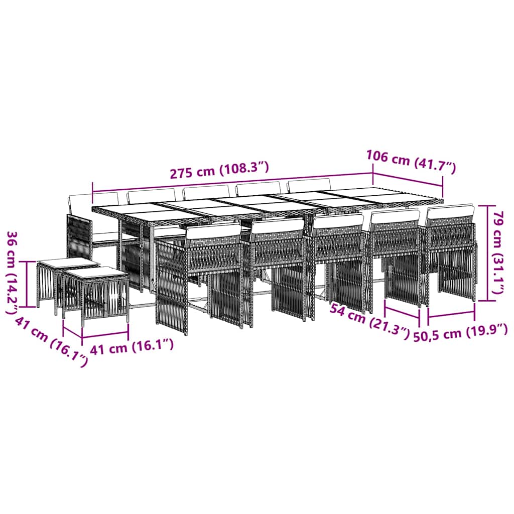 Σετ Τραπεζαρίας Κήπου 15 τεμ. Γκρι Συνθετικό Ρατάν με Μαξιλάρια