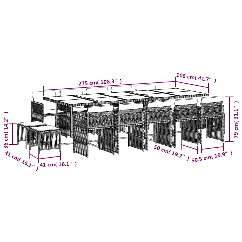 Σετ Τραπεζαρίας Κήπου 15 τεμ. Αν. Γκρι Συνθ. Ρατάν με Μαξιλάρια