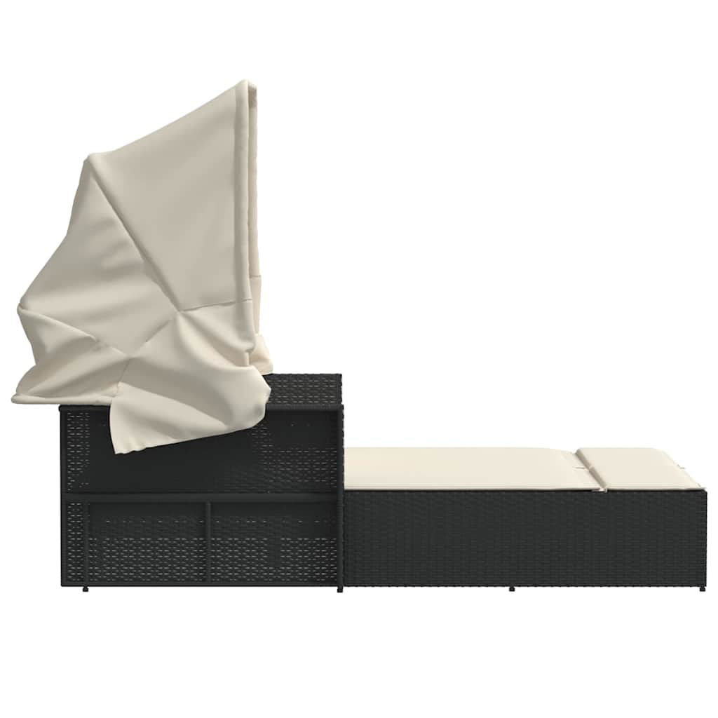 Ξαπλώστρα Διπλή Μαύρη Συνθετικό Ρατάν με Σκίαστρο και Μαξιλάρια