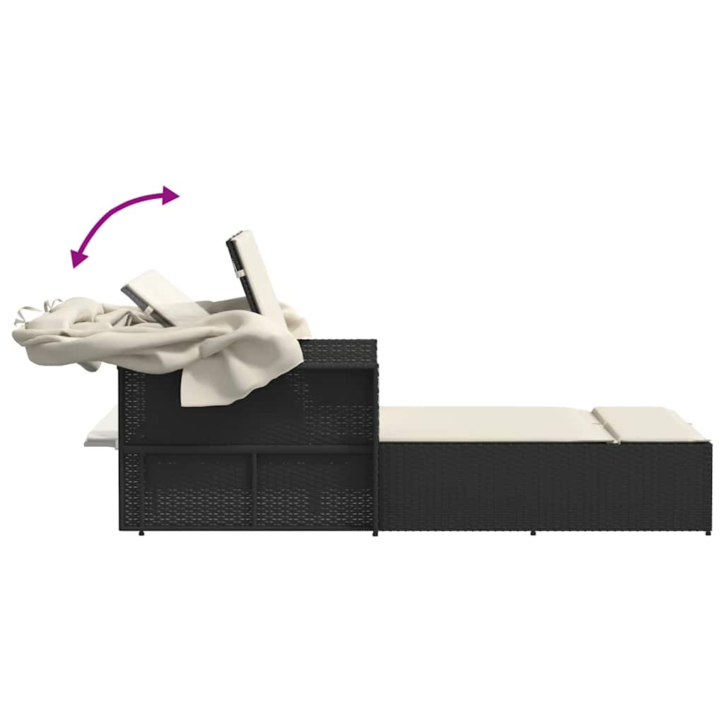 Ξαπλώστρα Διπλή Μαύρη Συνθετικό Ρατάν με Σκίαστρο και Μαξιλάρια