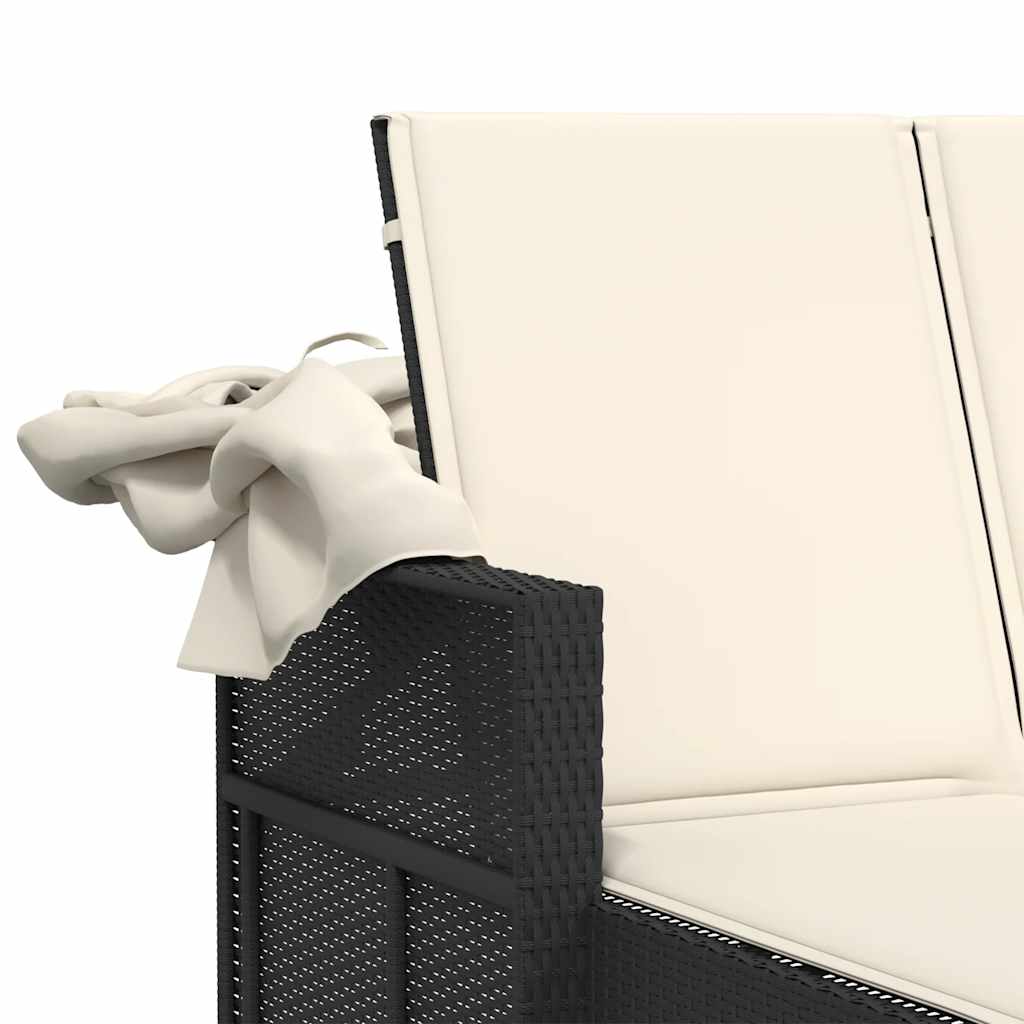 Ξαπλώστρα Διπλή Μαύρη Συνθετικό Ρατάν με Σκίαστρο και Μαξιλάρια