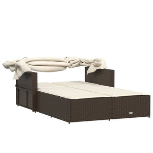 Ξαπλώστρα Διπλή Καφέ Συνθετικό Ρατάν με Σκίαστρο και Μαξιλάρια
