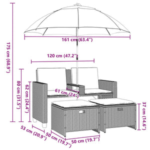 Καναπές Κήπου Διθέσιος με Ομπρέλα & Σκαμπό Καφέ Συνθ. Ρατάν