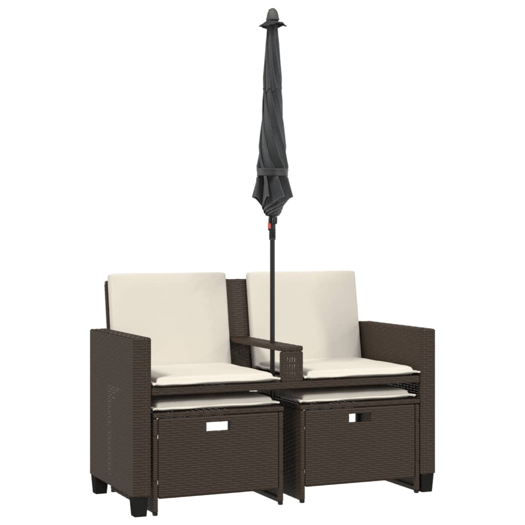 Καναπές Κήπου Διθέσιος με Ομπρέλα & Σκαμπό Καφέ Συνθ. Ρατάν