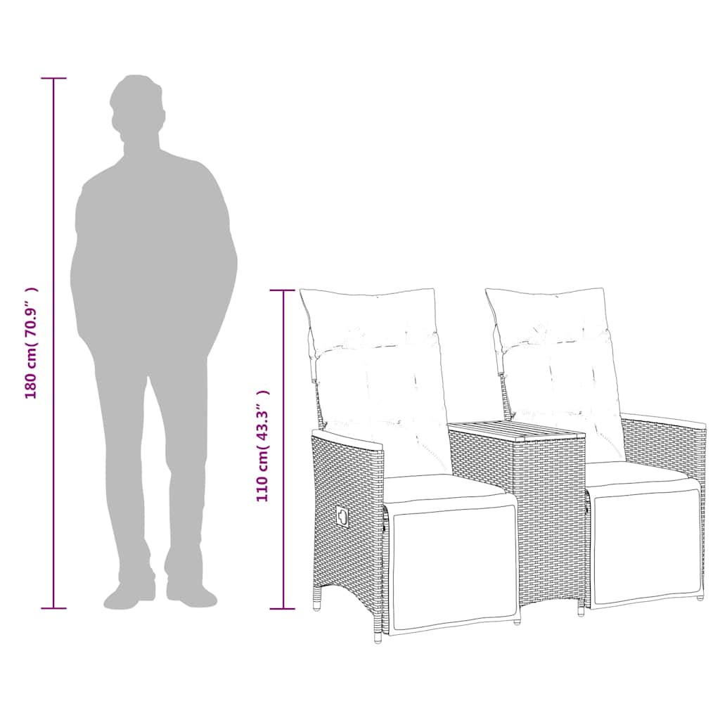 Καναπές Κήπου Διθέσιος Ανακλινόμενος με Τραπέζι από Γκρι Συνθετικό Ρατάν
