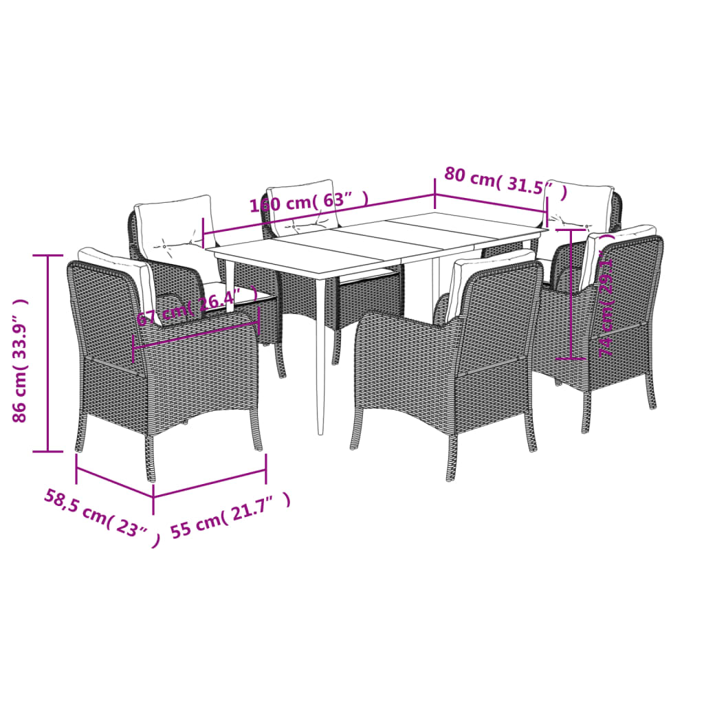 Σετ Τραπεζαρίας Κήπου 7 Τεμ. Μαύρο Συνθετικό Ρατάν με Μαξιλάρια