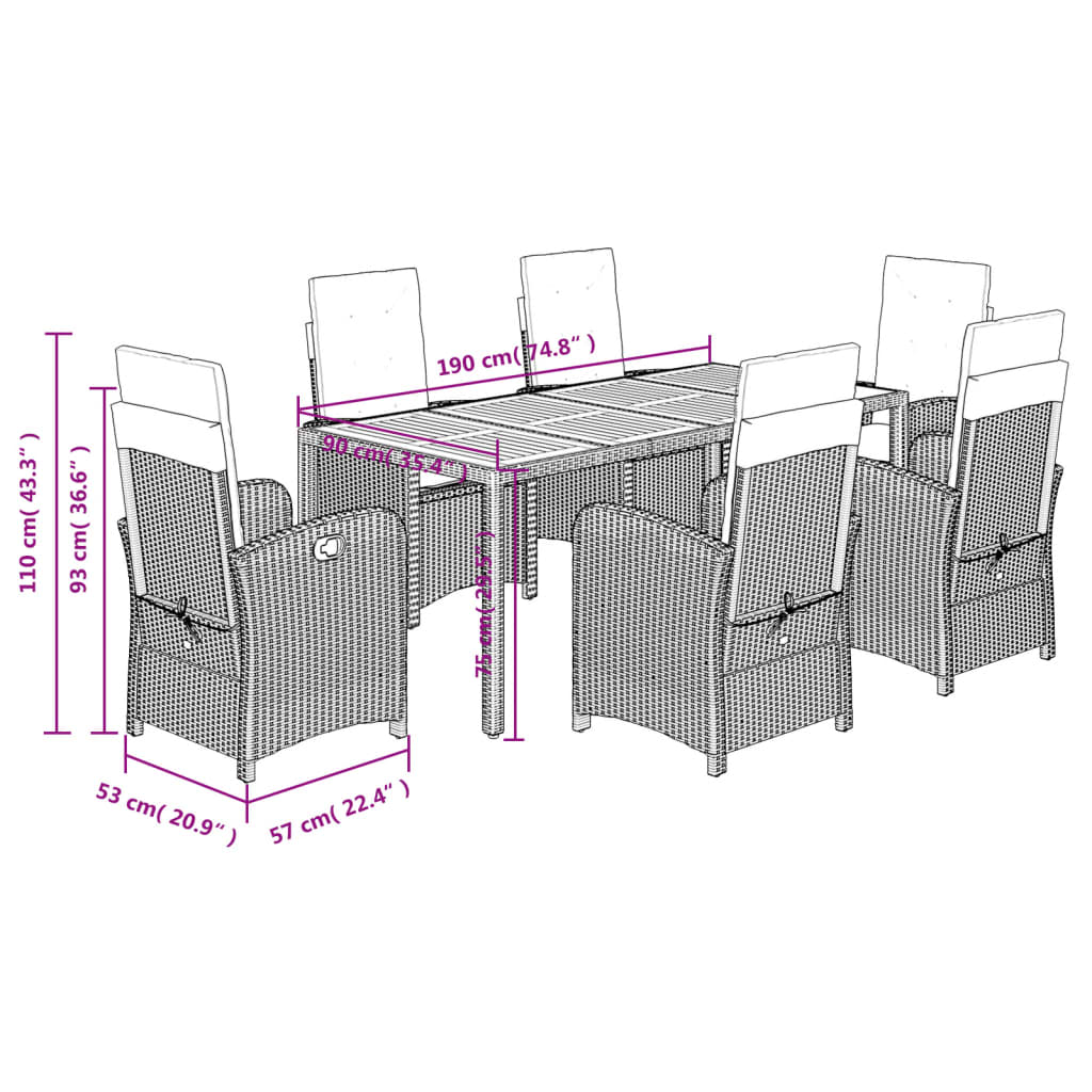 Σετ Τραπεζαρίας Κήπου 7 Τεμ. Μαύρο Συνθετικό Ρατάν με Μαξιλάρια