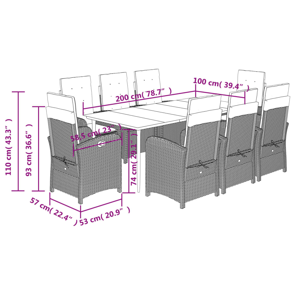 Σετ Τραπεζαρίας Κήπου 9 τεμ Μαύρο από Συνθ. Ρατάν με Μαξιλάρια