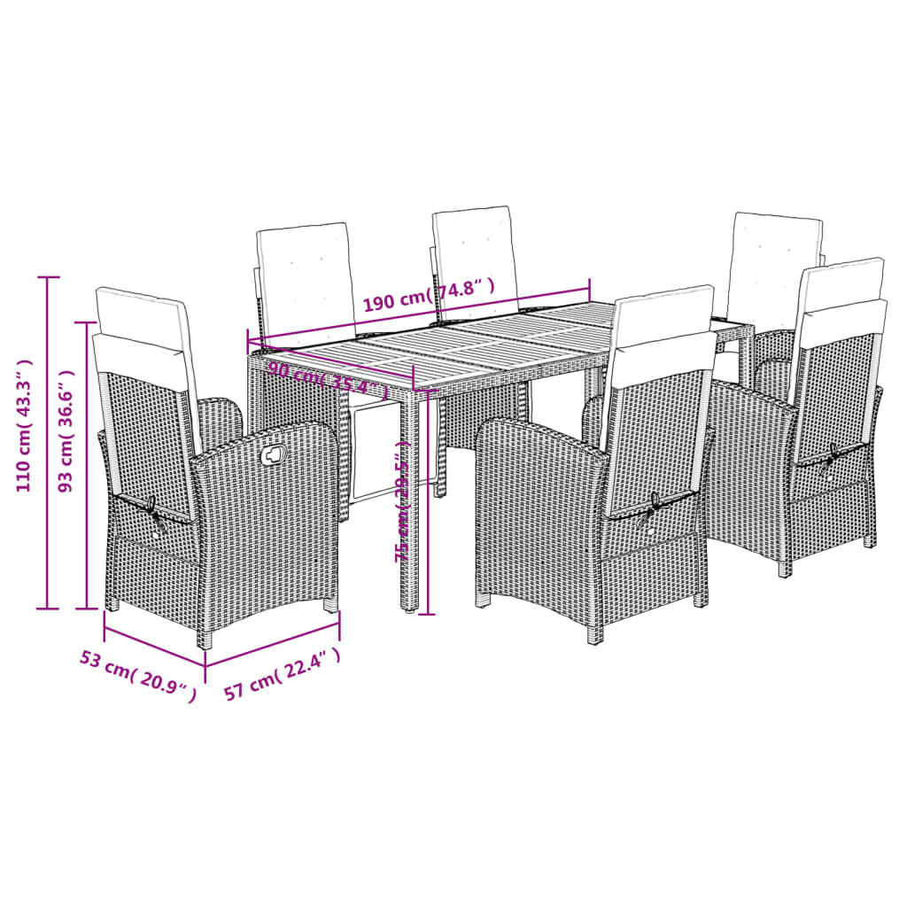 Σετ Τραπεζαρίας Κήπου 7 Τεμ. Μαύρο Συνθετικό Ρατάν με Μαξιλάρια