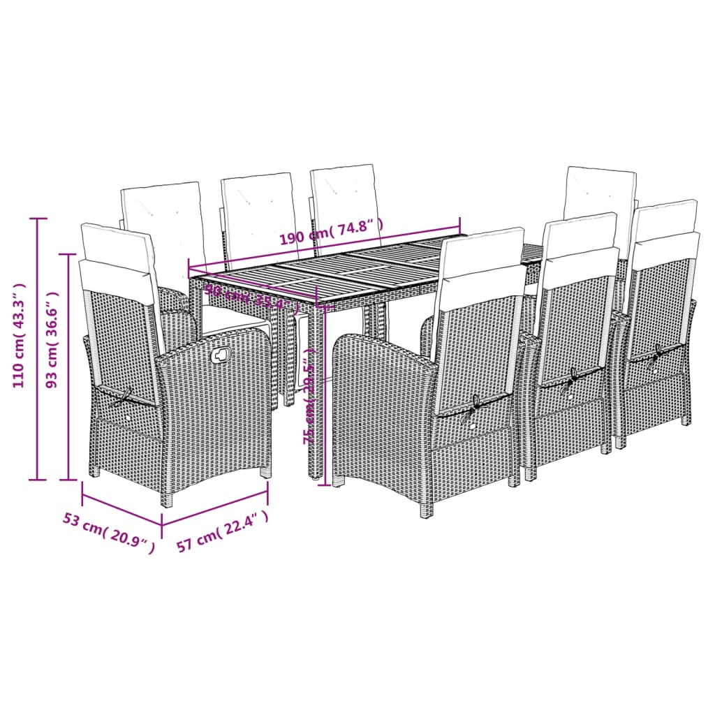 Σετ Τραπεζαρίας Κήπου 9 τεμ Μαύρο από Συνθ. Ρατάν με Μαξιλάρια