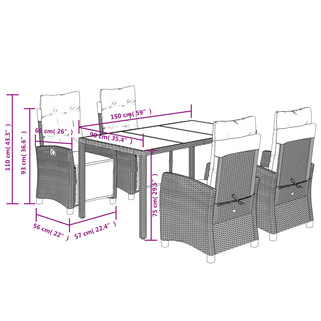 Σετ Τραπεζαρίας Κήπου 5 Τεμαχίων Μαύρο Συνθ. Ρατάν με Μαξιλάρια