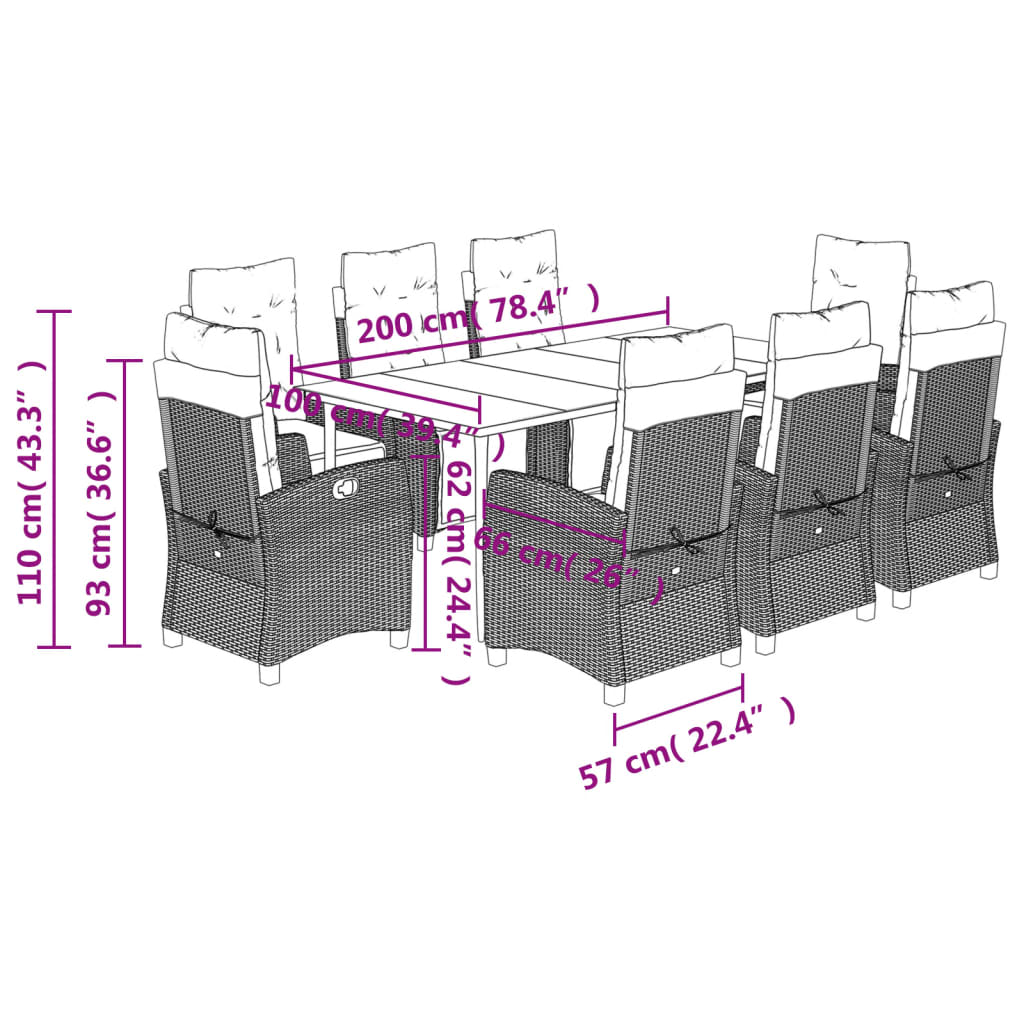 Σετ Τραπεζαρίας Κήπου 9 τεμ. Γκρι Συνθ. Ρατάν με Μαξιλάρια