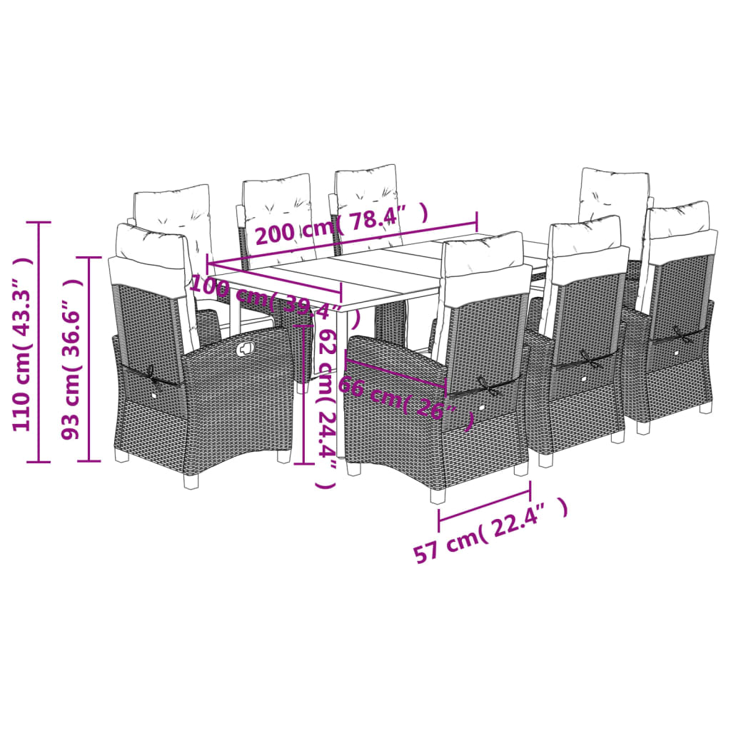 Σετ Τραπεζαρίας Κήπου 9 τεμ. Αν. Γκρι Συνθ. Ρατάν με Μαξιλάρια