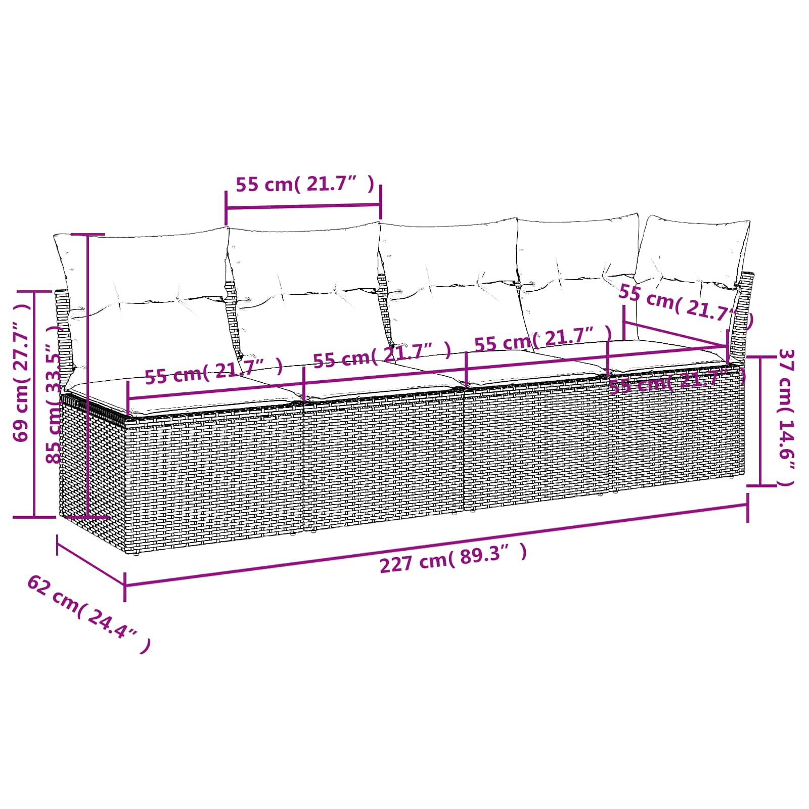 Καναπές Κήπου Γκρι 227 x 62 x 69 εκ. συνθετικό ρατάν - Pakobazaar