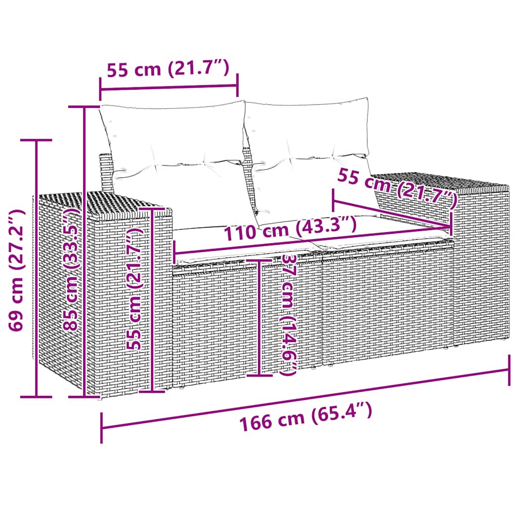 Καναπές Κήπου Διθέσιος Καφέ από Συνθετικό Ρατάν με Μαξιλάρια