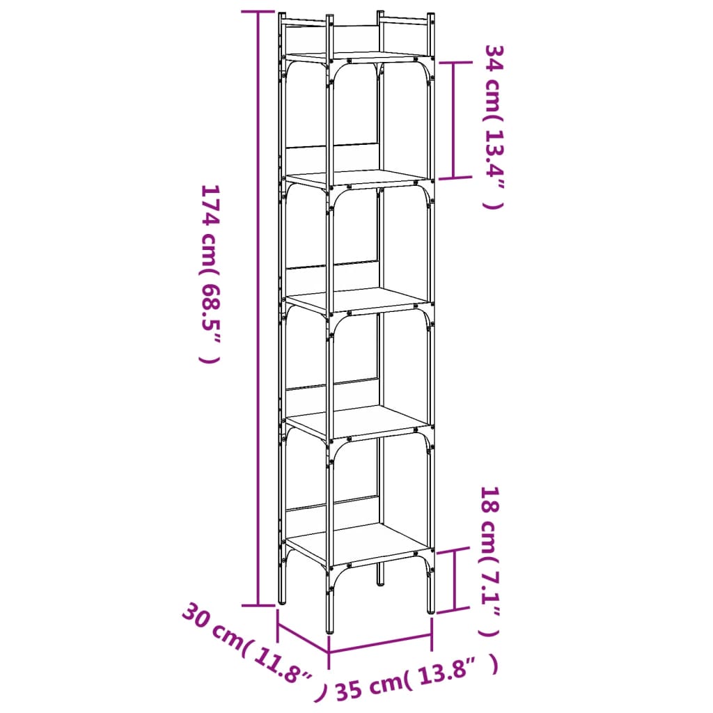 Βιβλιοθήκη 5 Επιπέδων Καφέ Δρυς 35x30x174 εκ. Επεξεργ. Ξύλο