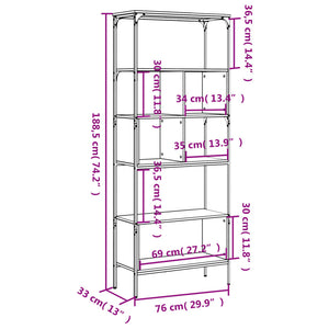 Βιβλιοθήκη 5 Επιπέδων Γκρι Sonoma 76x33x188,5 εκ. Επεξεργ. Ξύλο - Pakobazaar