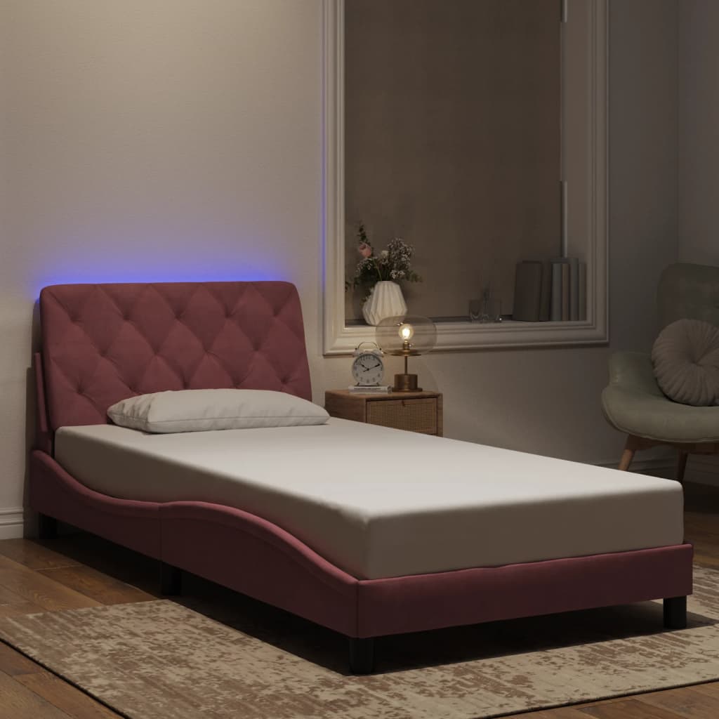 Πλαίσιο κρεβατιού με LED χωρίς στρώμα Ροζ 100x200 εκ. Βελούδινο