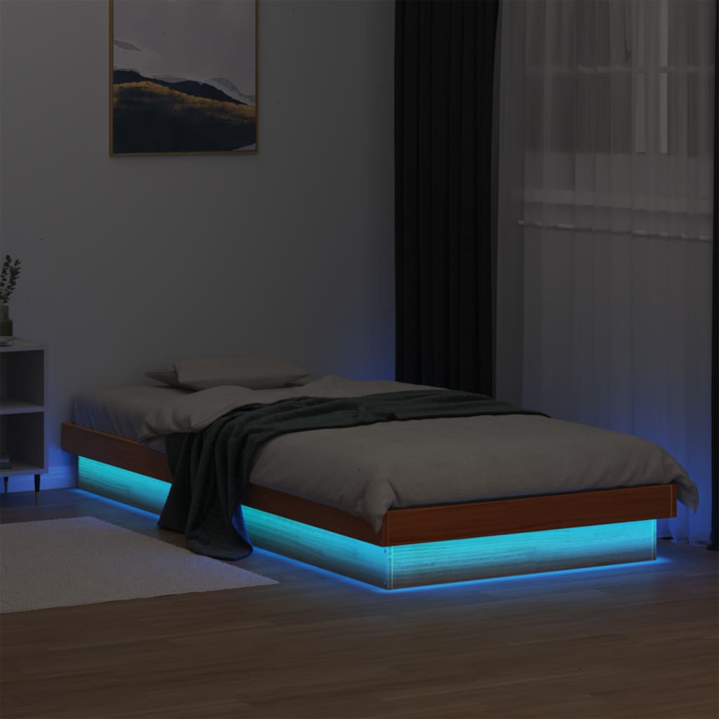 Πλαίσιο Κρεβατιού LED Καφέ Κεριού 90x200 εκ. Μασίφ Ξύλο Πεύκου - Pakobazaar