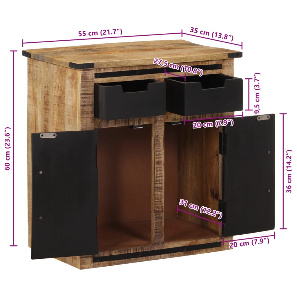 Έπιπλο Αποθήκευσης 2 Συρτάρια 55x35x60 εκ. Μασίφ Ξύλο Μάνγκο - Pakobazaar
