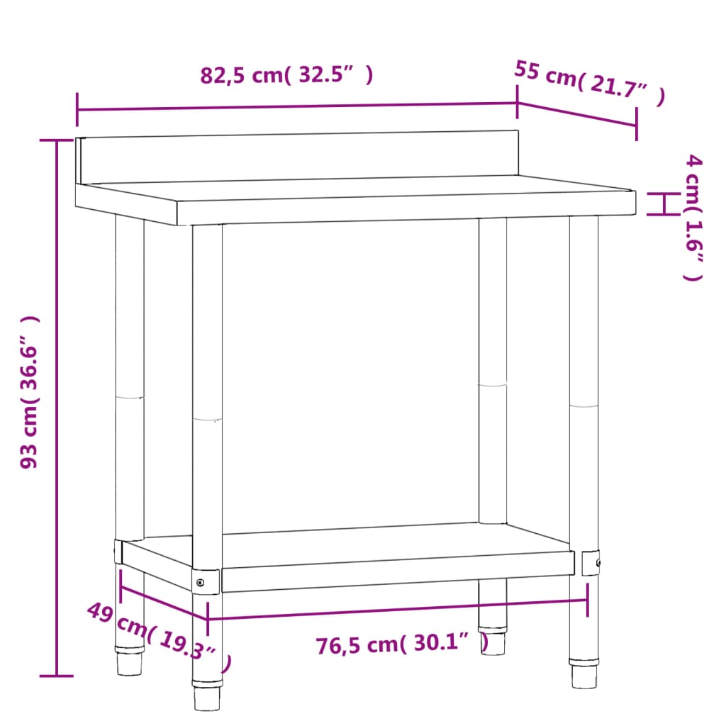 Πάγκος Εργασίας Κουζίνας με Πλάτη 82,5x55x93 εκ. Ανοξ. Ατσάλι
