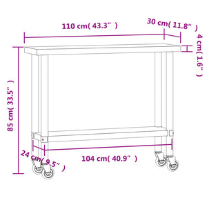 Πάγκος Εργασίας Κουζίνας με Ροδάκια 110x30x85 εκ. Ανοξ. Ατσάλι