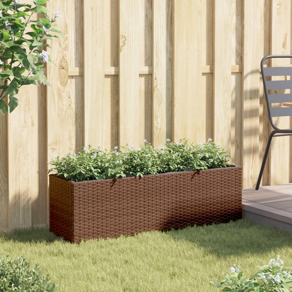 Ζαρντινιέρα Κήπου Καφέ 105x30x32 εκ. Συνθ. Ρατάν με 3 Γλάστρες
