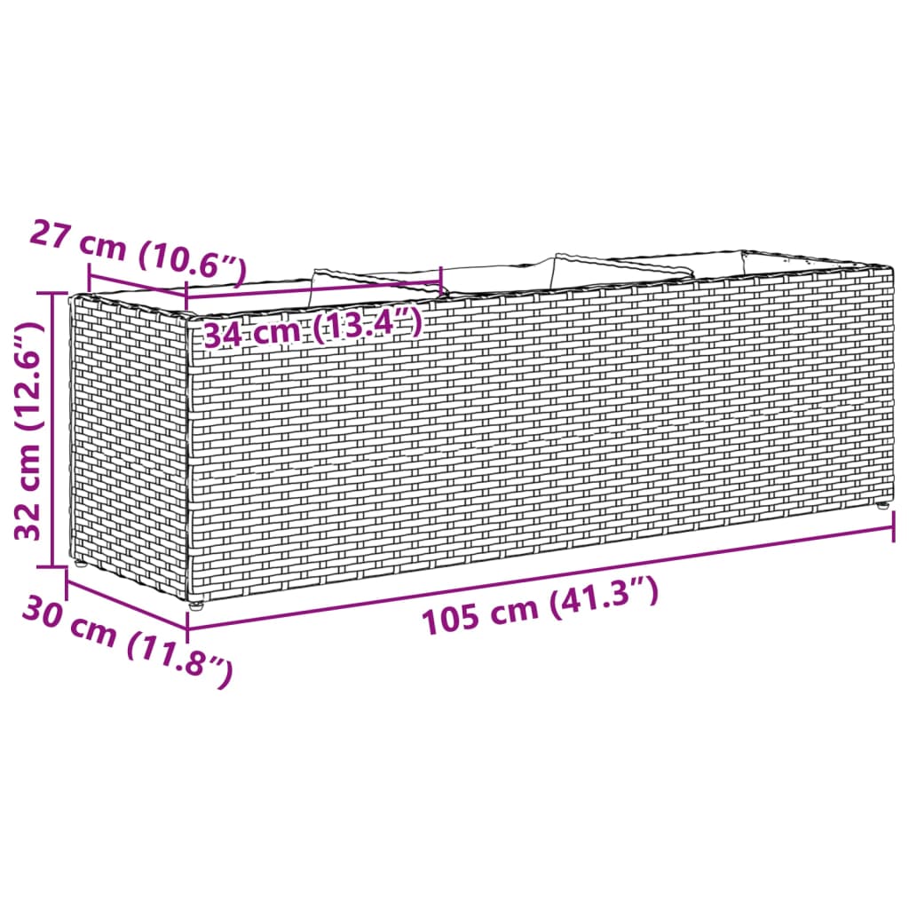 Ζαρντινιέρα Κήπου Καφέ 105x30x32 εκ. Συνθ. Ρατάν με 3 Γλάστρες