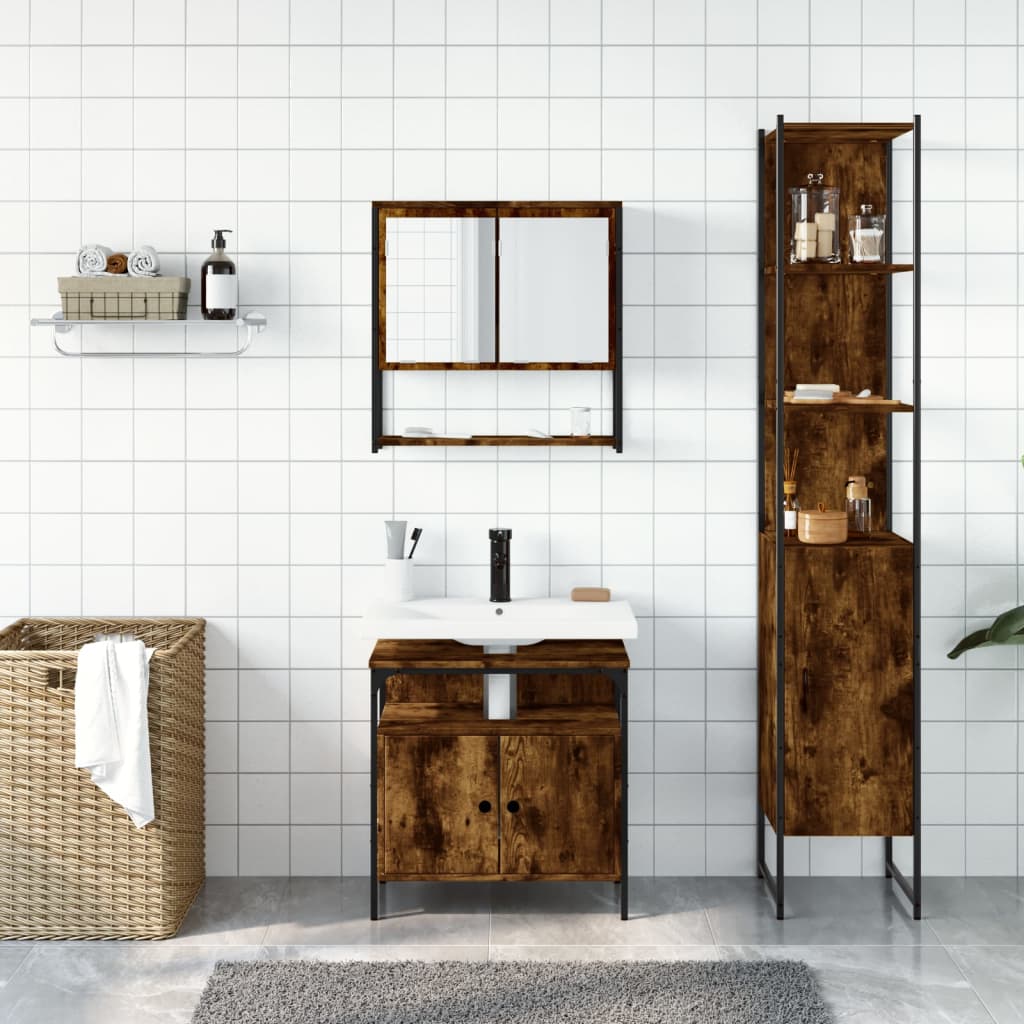 Σετ Επίπλων Μπάνιου 3 Τεμαχίων Καπνιστή Δρυς Επεξεργασμένο Ξύλο