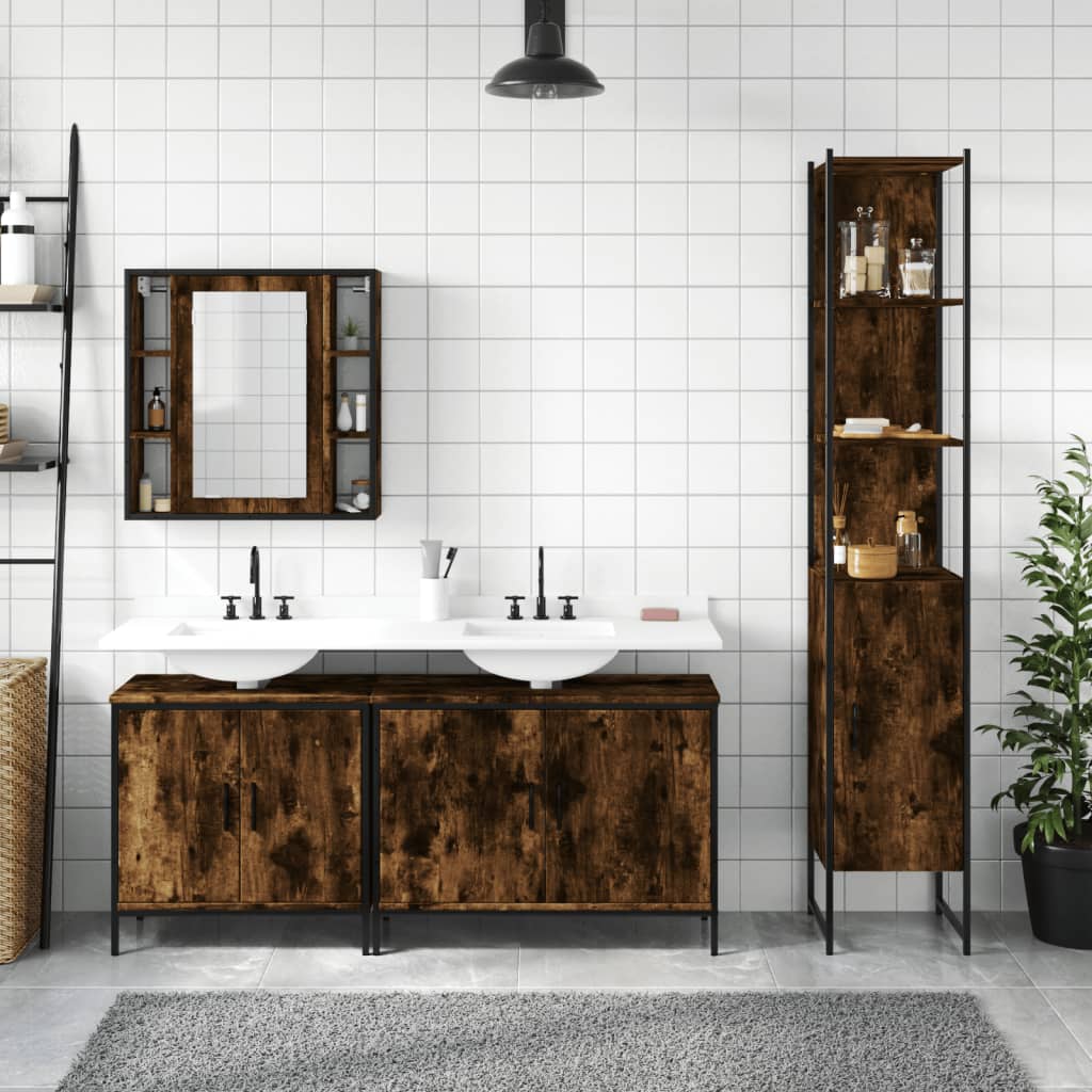 Σετ Επίπλων Μπάνιου 4 Τεμαχίων Καπνιστή Δρυς Επεξεργασμένο Ξύλο - Pakobazaar