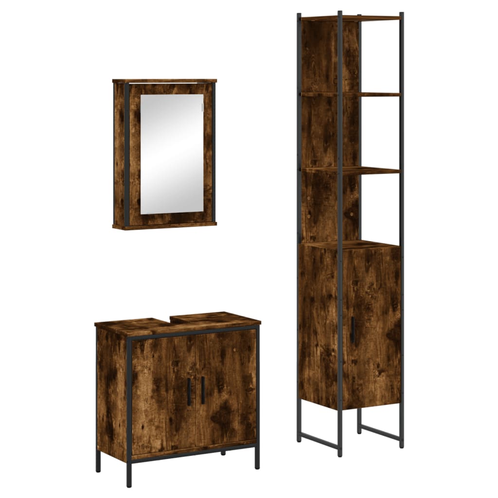 Σετ Επίπλων Μπάνιου 3 Τεμαχίων Καπνιστή Δρυς Επεξεργασμένο Ξύλο