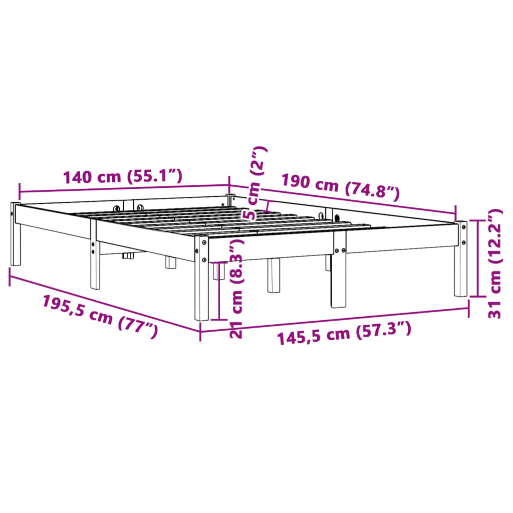 Σκελετός Κρεβατιού Χωρίς Στρώμα Καφέ 140x190 Μασίφ Ξύλο Πεύκου
